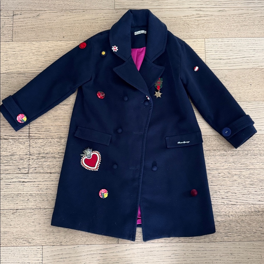 PICCOLA SPERANZA Girls Navy Peacoat with appliqués, size 10